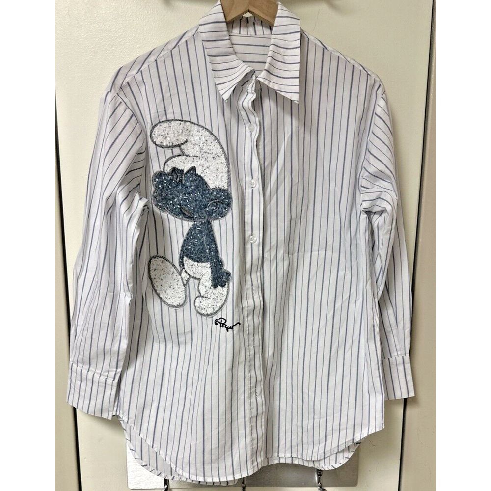 ADER ERROR X Peyo Bedazzled L/S Striped Shirt 19AFWSH05WH3 Sz Large Unique Smurf